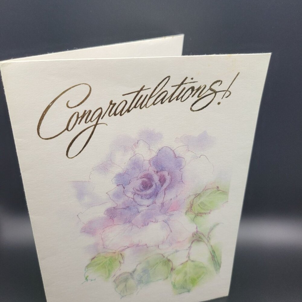 Vintage Best Wishes Wedding Card Envelope White‎ with Purple Rose Bloom Unused